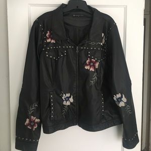 Black Faux Leather and Embroidered Jacket