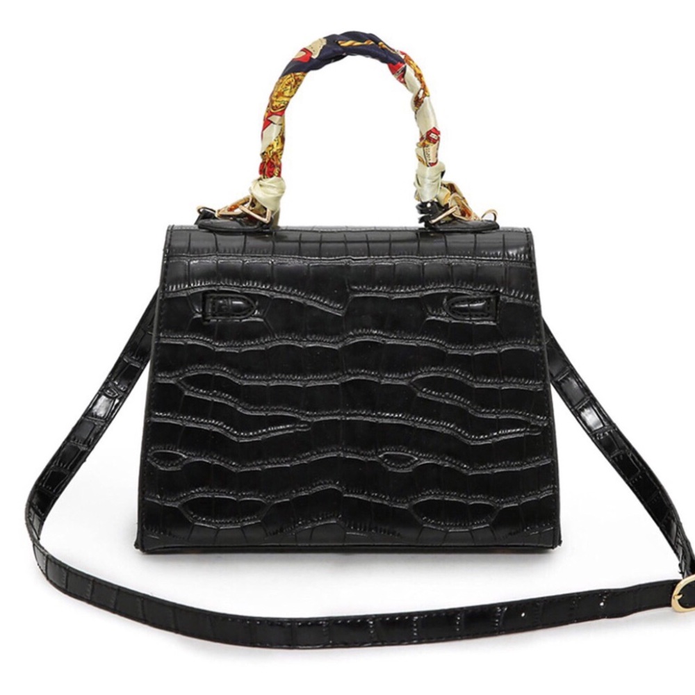 Black Crocodile Embossed Vegan Leather Handbag - Picture 3 of 6
