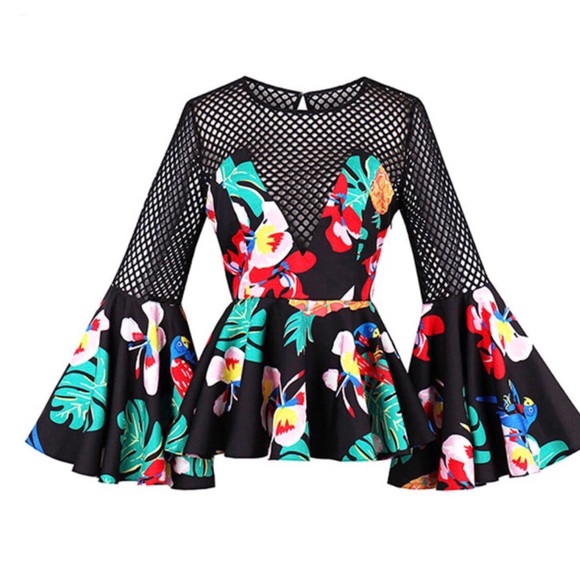Floral Colorful Mesh Peplum Top - Picture 1 of 13