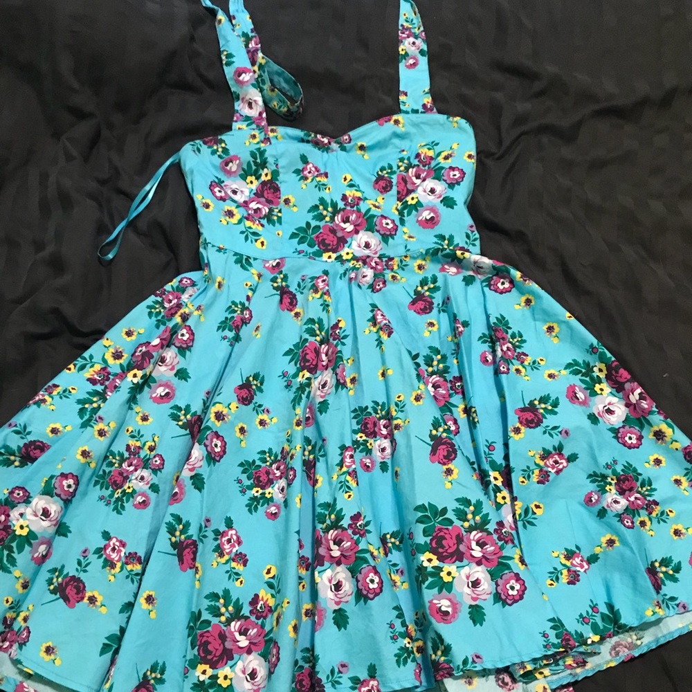 Hell Bunny Vixen blue floral halter dress L