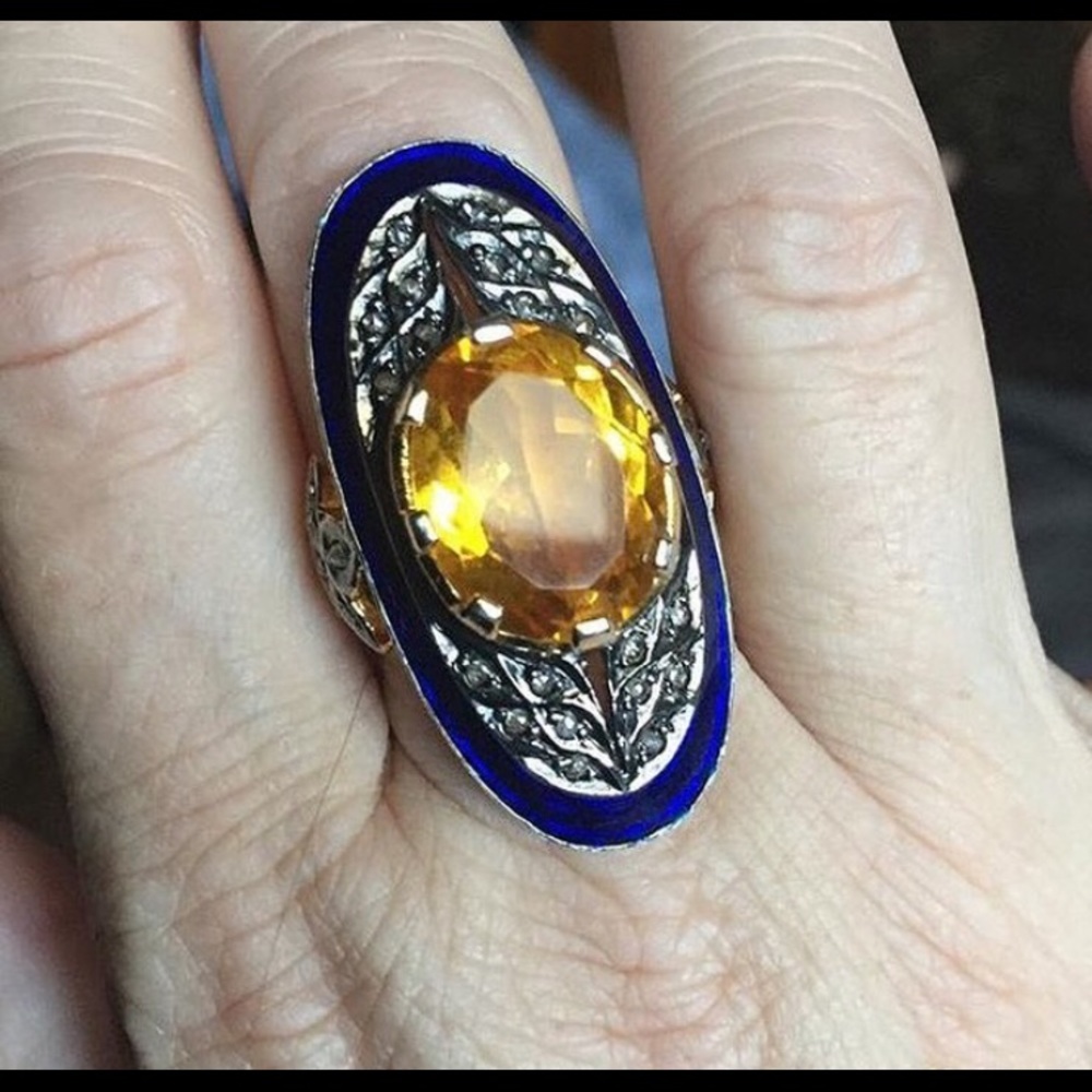 Blue enamel, and Citrine ring, diamond accents.