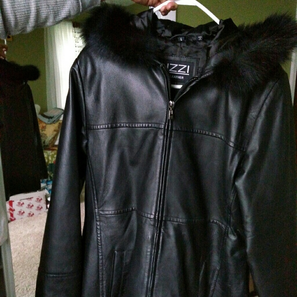 Leather fur hooded coat