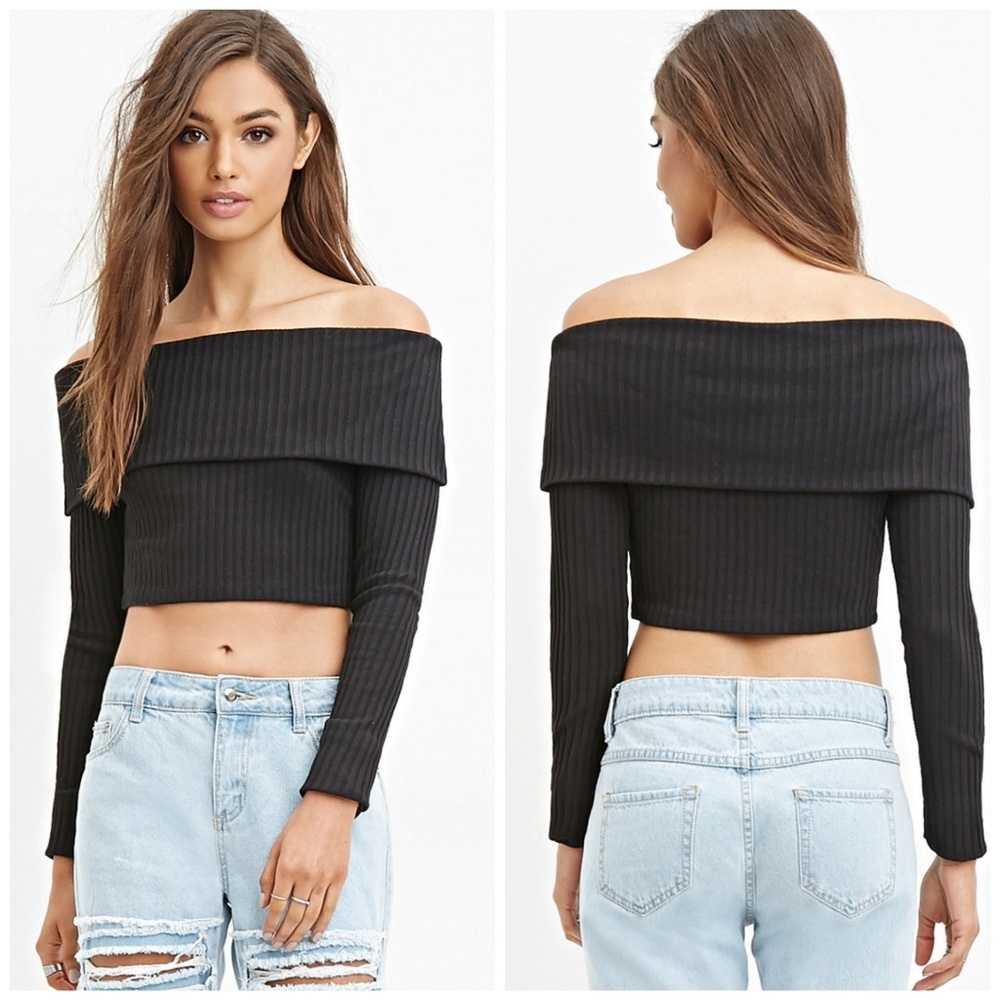 Ribbed bardot long sleeve crop top