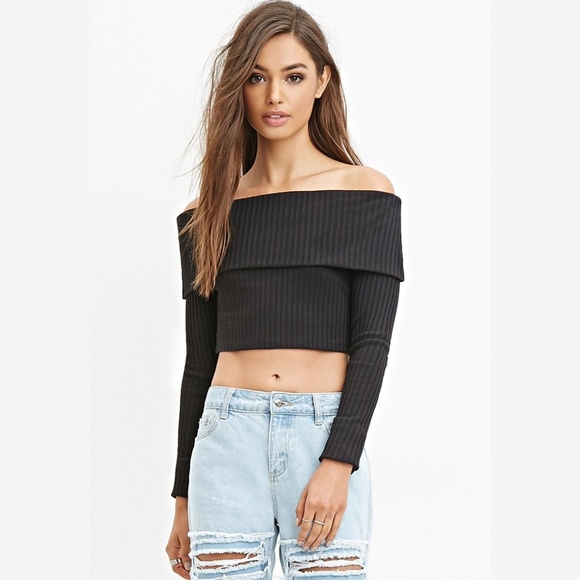 Ribbed bardot long sleeve crop top - Picture 2 of 6