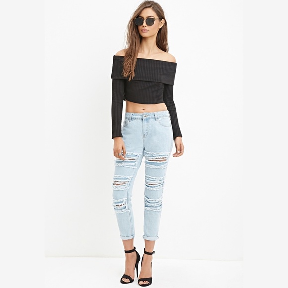 Ribbed bardot long sleeve crop top - Picture 3 of 6