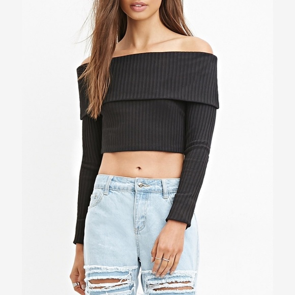 Ribbed bardot long sleeve crop top - Picture 4 of 6