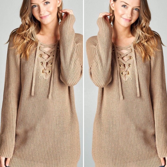 Last 1! Medium lace up sweater - tan - Picture 4 of 5