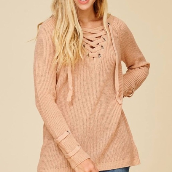 Last 1! Medium lace up sweater - tan - Picture 5 of 5