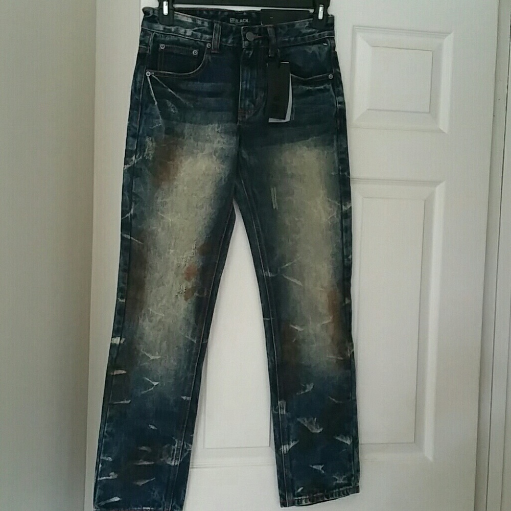 Men distressed, stone washed jeans.