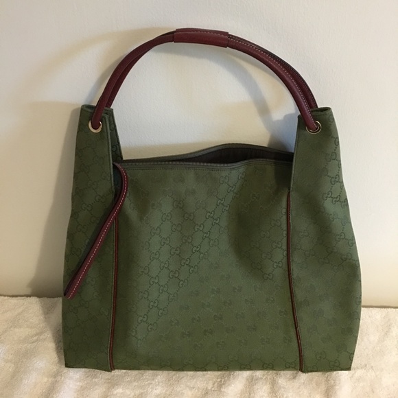 Gucci Handbags - Gucci green monogram canvas hobo leather trim