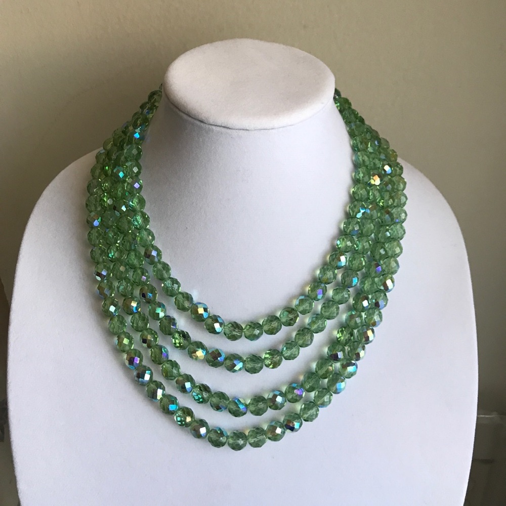 Opalescent green crystal 4 strand necklace