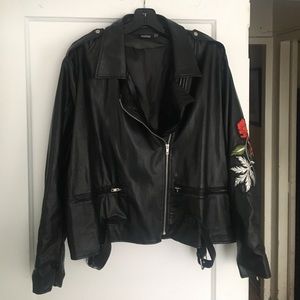 Black Faux Leather And Embroidered Moto Jacket