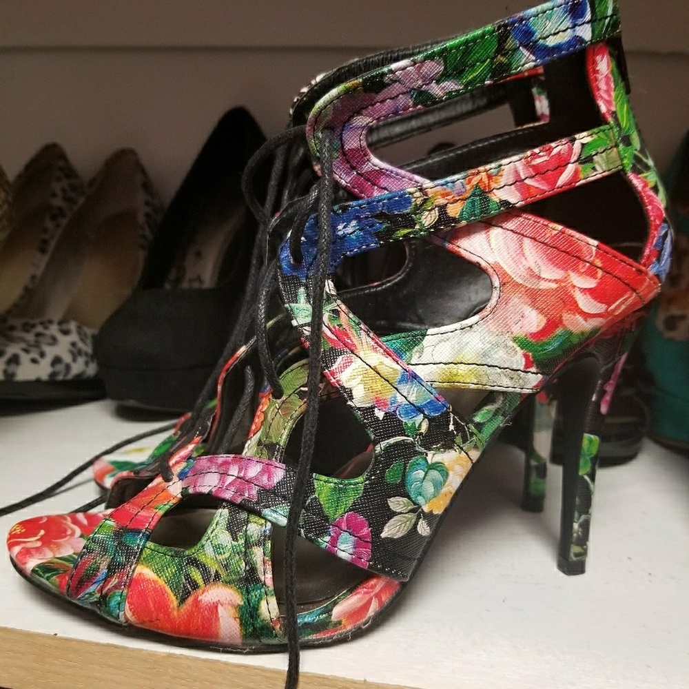 Lace up floral heels
