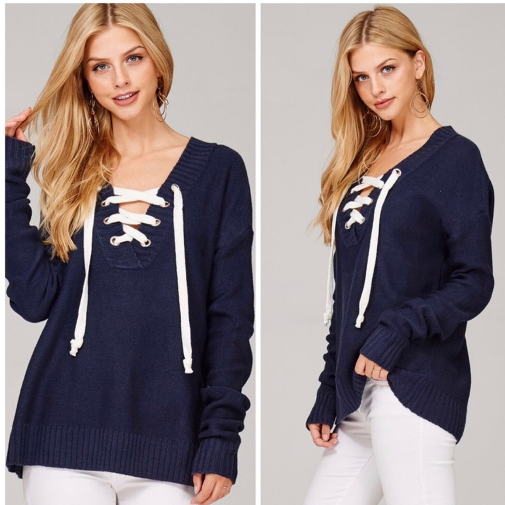 Navy Lace-up Sweater - Picture 2 of 2
