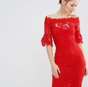 Paper Dolls Sexy Red Midi Off Shoulder Lace Dress