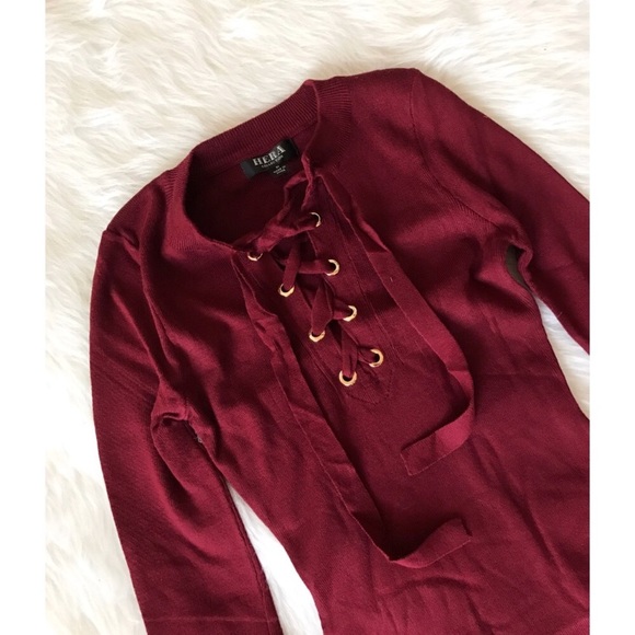 NWT Burgundy Lace Up Sweater - Picture 2 of 2