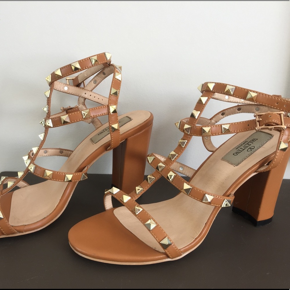 Tan and gold stud block heel
