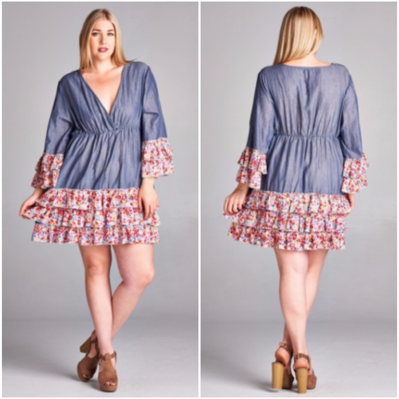 Cute Plus Size Pleated Chambray BoHo Gypsie Mini - Picture 2 of 4