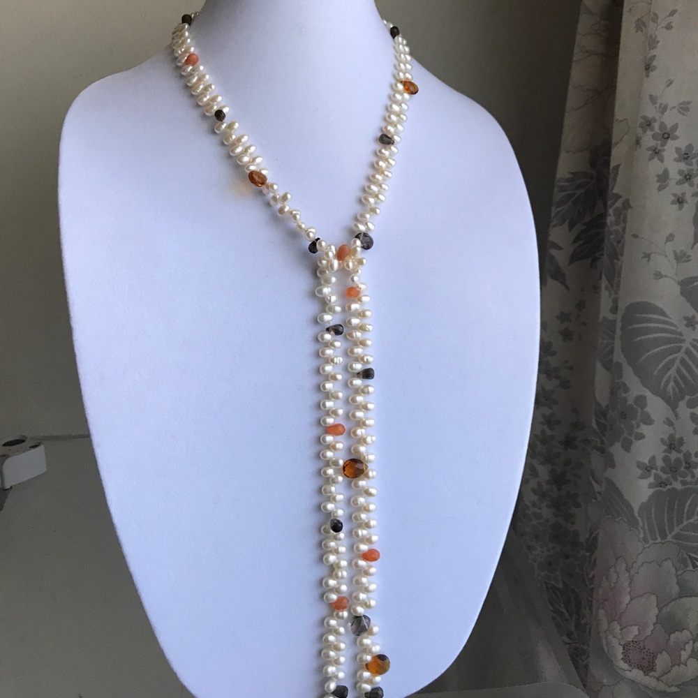 Freshwater pearl and gemstone lasso necklace