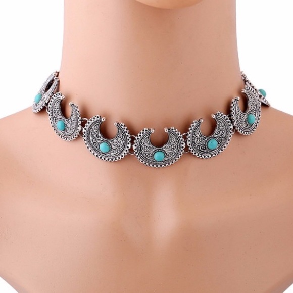 Boho Antique Silver Crescent Turquoise necklace - Picture 2 of 4