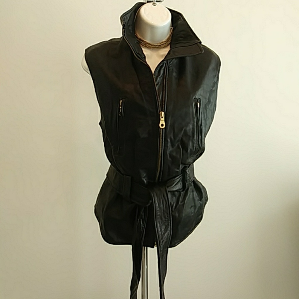 Belted Black Leather Vest - Picture 3 of 7