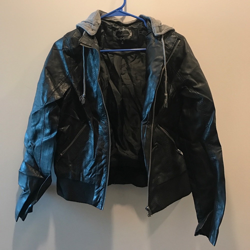 leather jacket with grey hood