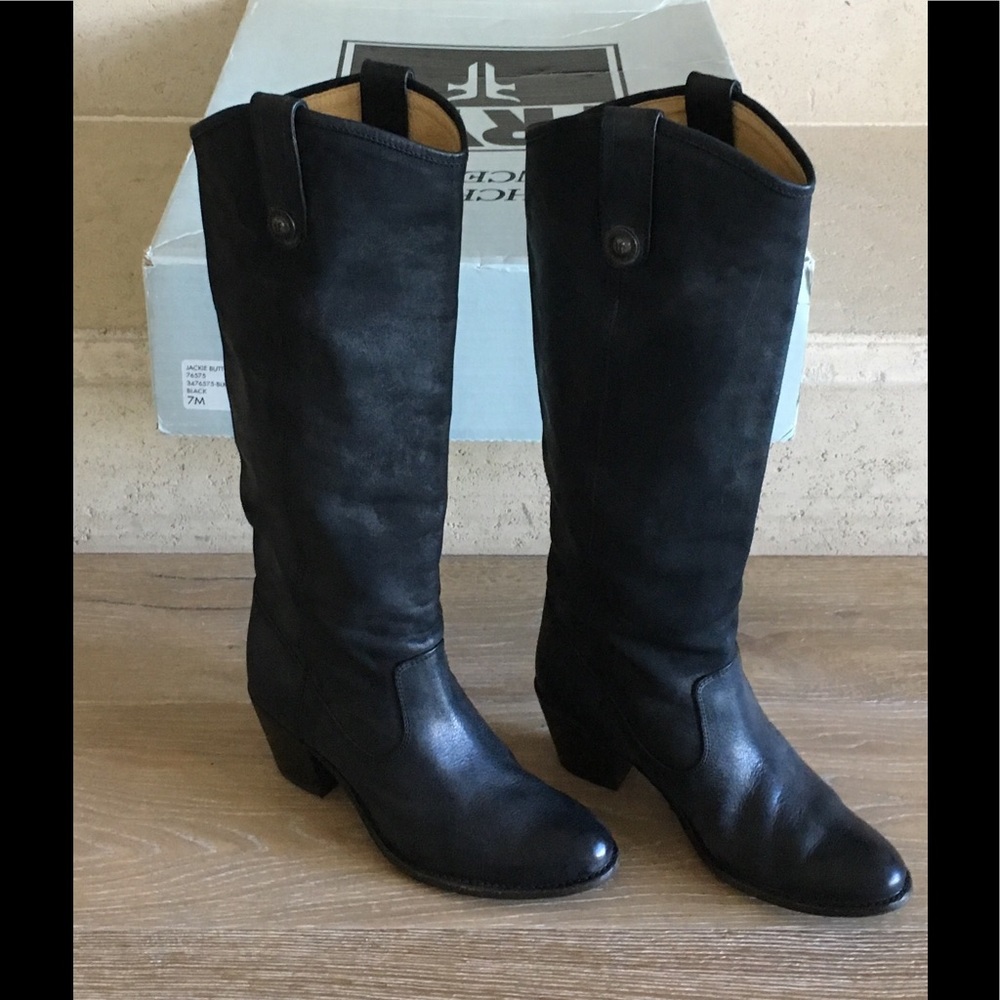 Jackie Button Frye Black Leather Boot Size 7M