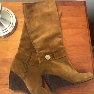 BCBG wedge cognac suede boots