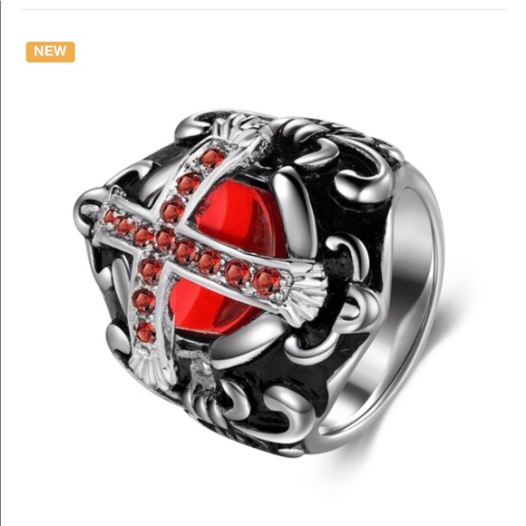 ✝️Men’s Antique Silver Black Gemstone Cross Ring✝️ - Picture 2 of 4