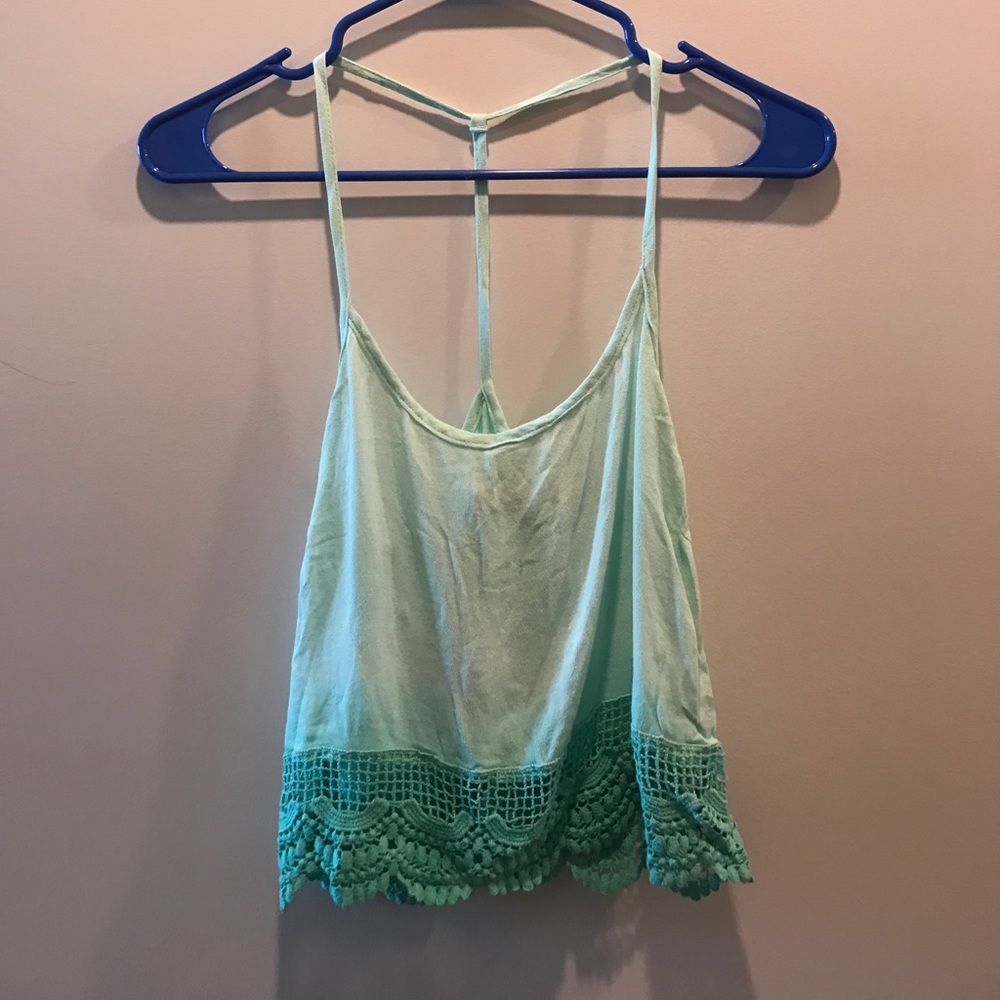 tealish crop tank top with lace at bottom