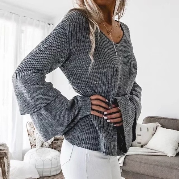 Layered Bell Sleeve Cozy Knit V Neck Sweater Grey - Picture 5 of 7