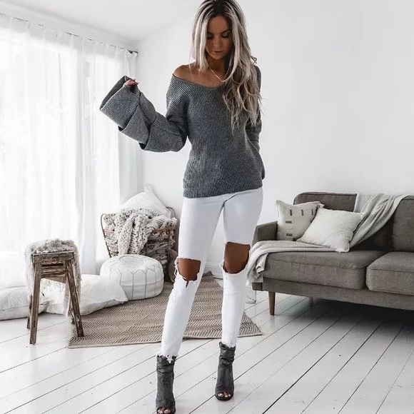 Layered Bell Sleeve Cozy Knit V Neck Sweater Grey - Picture 6 of 7