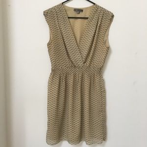 Patterned Tan Deep V Neck Dress