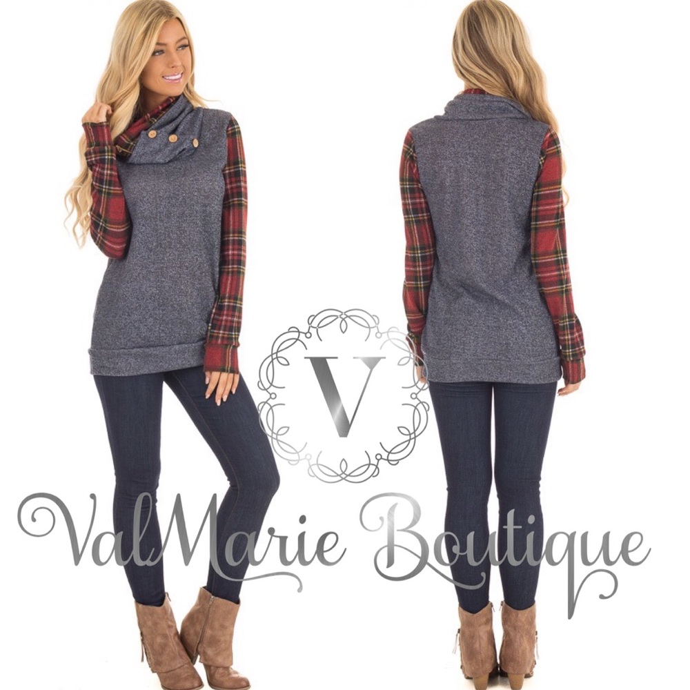 Plaid Sleeves Terry Cloth Top - Picture 3 of 3