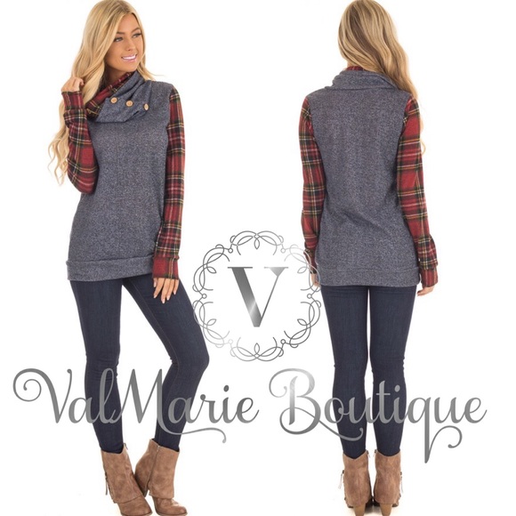 Plaid Sleeves Terry Cloth Top - Picture 3 of 3