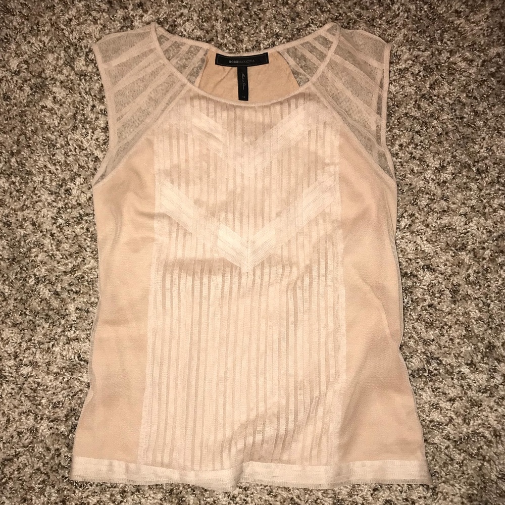 BCBG nude sheer mesh sleeveless blouse