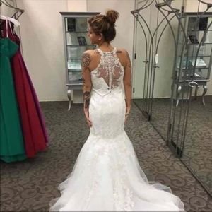 Jewel illusionneckline trumpet style wedding dress
