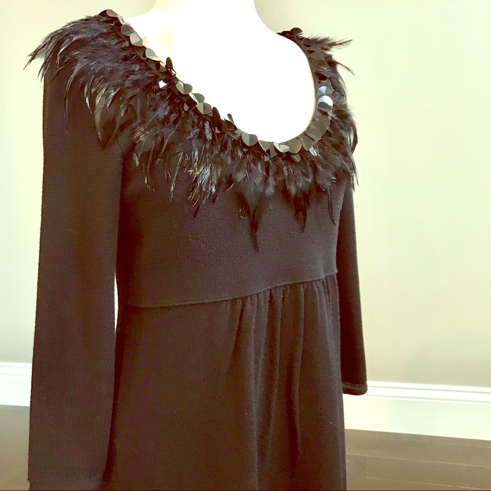 Nanette Lepore black wool dress w/feathers sequins