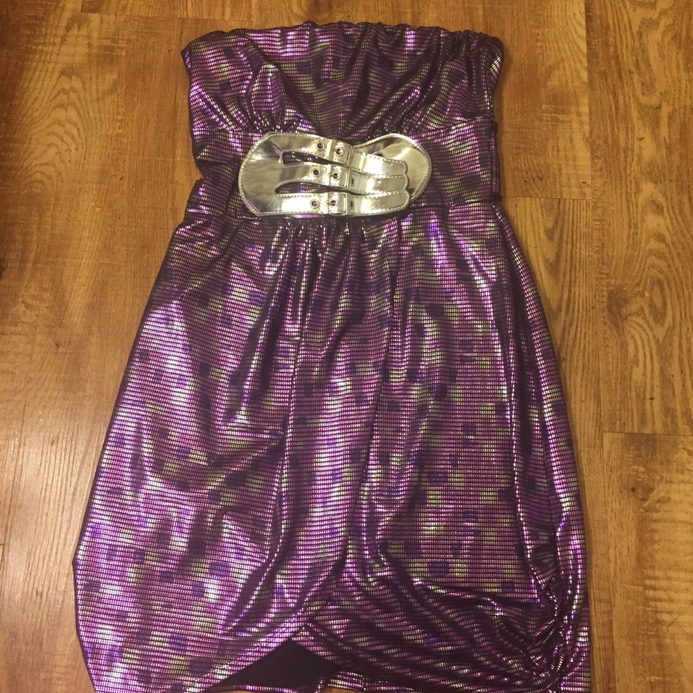 Strapless metallic purple and silver dress