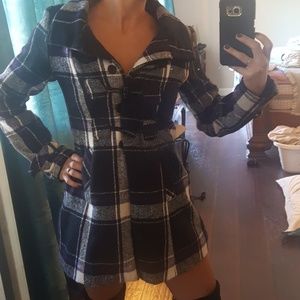 Black and purple plaid peacoat