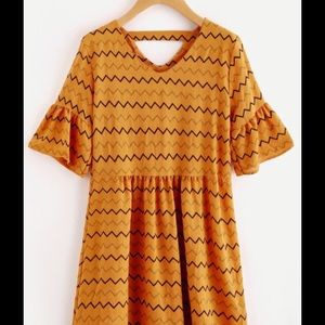 Chevron Striped Double V Fluted Sleeve Dress