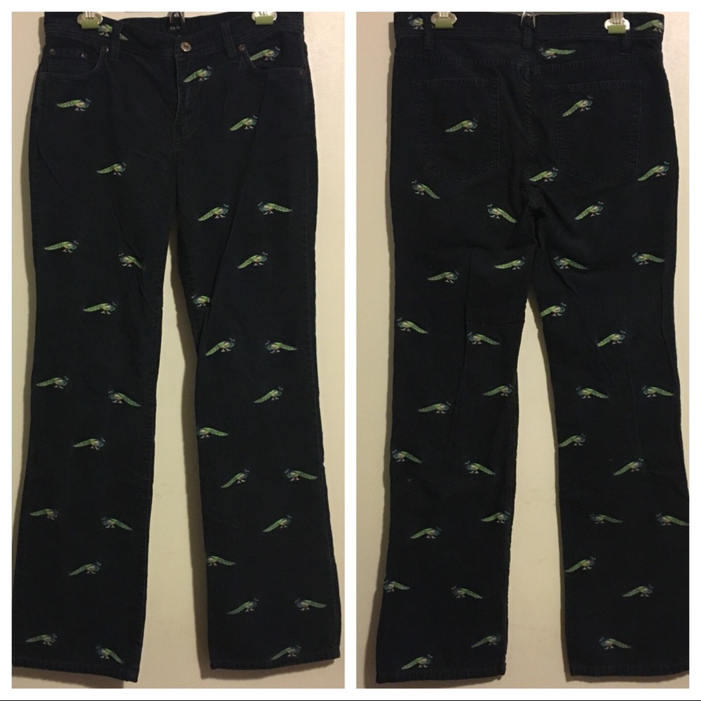 JCREW Navy Cords with Peacock Embroidered Detail