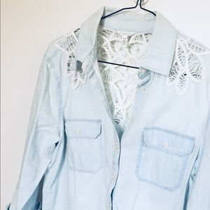 Beautiful lace top light blue denim button-up!