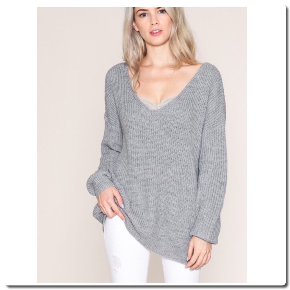 Cozy  Oversized Back Knot Sweater Heather Gray - Picture 3 of 8