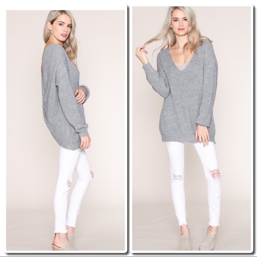 Cozy  Oversized Back Knot Sweater Heather Gray - Picture 4 of 8