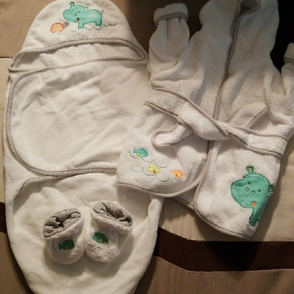 Infant robe, booties, and swaddle