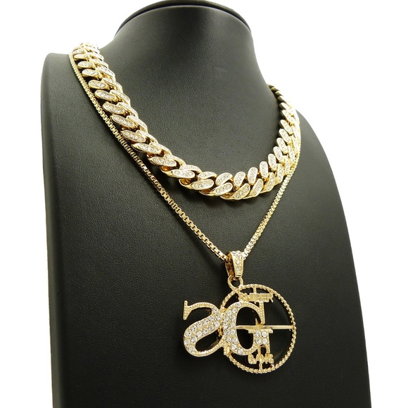 18" Iced Out Cuban Choker Chain & SG Necklace set - Picture 2 of 6