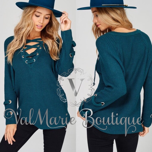 🔥FINAL PRICE🔥Deep Teal Lace Up Sweater - Picture 2 of 3