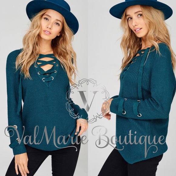 🔥FINAL PRICE🔥Deep Teal Lace Up Sweater - Picture 3 of 3