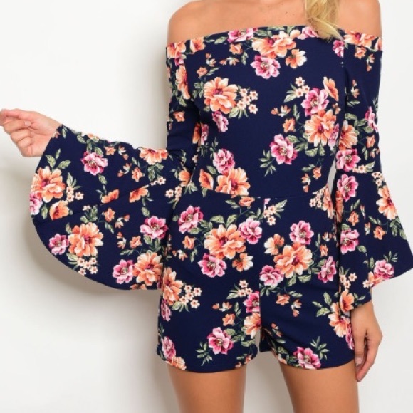 Pants - Navy Floral off shoulder Romper